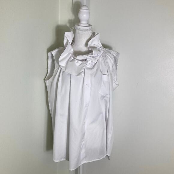 Kate Hewko White Cotton/Poly Sleeveless Ruffle Collar Top Sz L - Picture 1 of 3